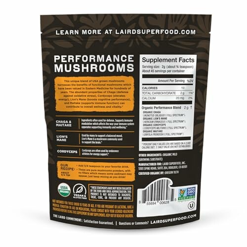 Nutritional supplement facts with organic certification