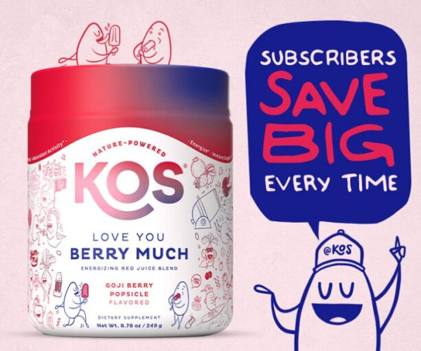 KOS Reds Superfood Powder container with label and scoop.