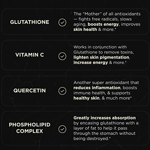 Infographic listing benefits of glutathione, vitamin C, quercetin, and phospholipid complex.