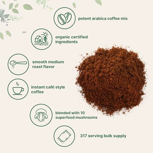 Potent arabica coffee mix with organic ingredients and superfood mushrooms.