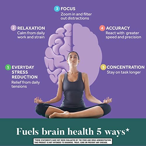 Woman meditating with five brain health benefits: everyday stress reduction, relaxation, focus, accuracy, concentration.