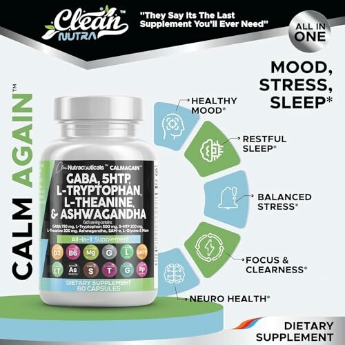 Calm Again supplement bottle with benefits for mood, stress, and sleep