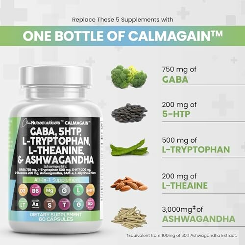 Calmagain supplement bottle with benefits of GABA, 5-HTP, L-Tryptophan, L-Theanine, and Ashwagandha.