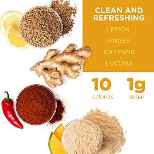 Ingredients including lemon, ginger, cayenne, lucuma with nutritional info.