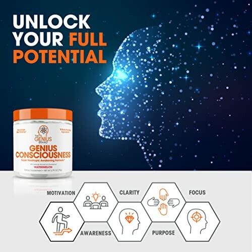 Genius Consciousness supplement with brain silhouette and benefits icons.