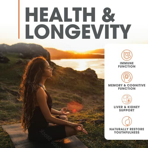 Woman meditating outdoors with health benefits listed: immune function, memory and cognitive function, liver and kidney support, naturally restore youthfulness.