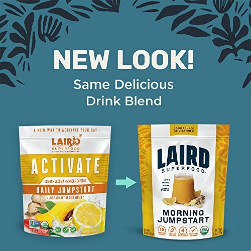 Laird Superfood drink blend packaging update from Activate to Morning Jumpstart.