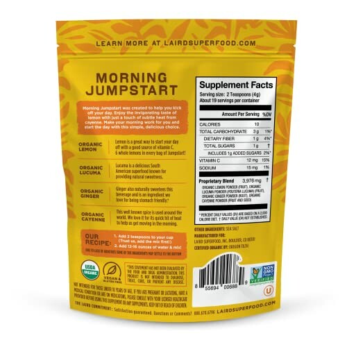 Back view of Laird Superfood Morning Jumpstart package with supplement facts.