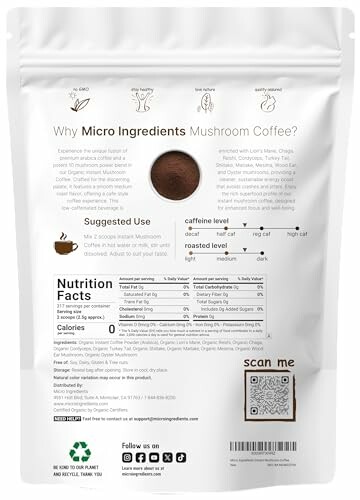 Back of Micro Ingredients Mushroom Coffee packaging with nutrition facts and QR code.