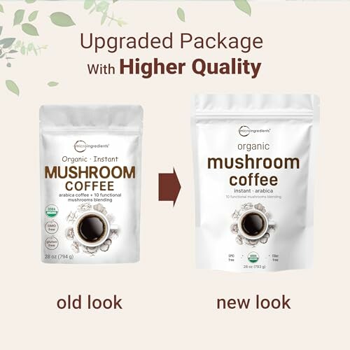 Comparison of old and new packaging for organic mushroom coffee.