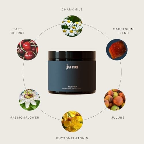 Juna Nightcap dietary supplement jar with ingredients: chamomile, tart cherry, passionflower, phytomelatonin, jujube, magnesium blend.