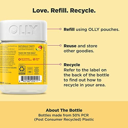 OLLY bottle with recycling instructions and benefits.