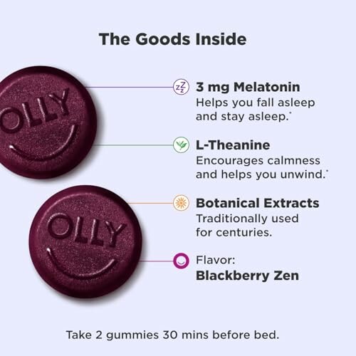 Olly sleep gummies with melatonin, L-theanine, and botanical extracts.