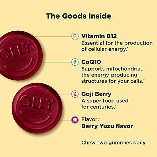 Olly gummies with Vitamin B12, CoQ10, and Goji Berry benefits.