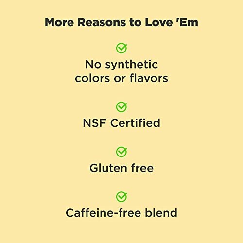 List of product benefits: no synthetic colors or flavors, NSF certified, gluten free, caffeine-free blend.