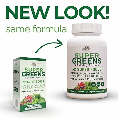 Super Greens supplement with new packaging design.