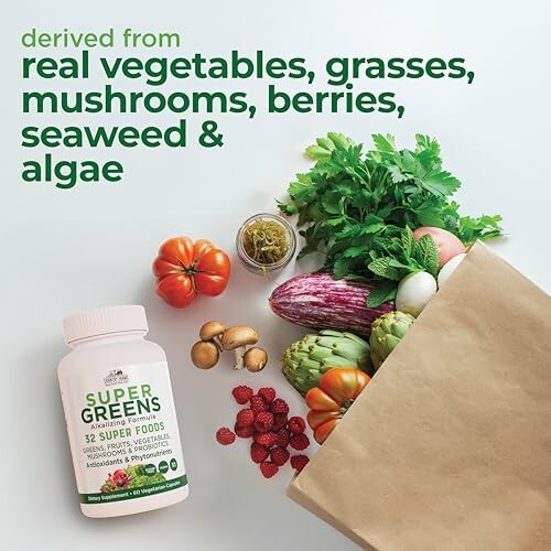 Super greens supplement bottle with fresh vegetables and fruits.