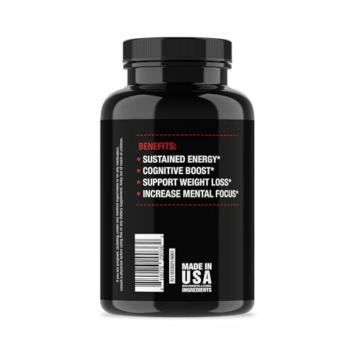 Black supplement bottle with benefits listed on the label.