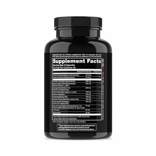 Black supplement bottle with nutrition facts label.