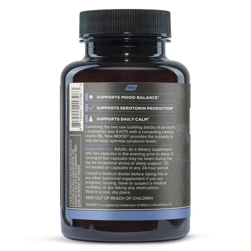 Supplement bottle with label detailing mood support benefits.