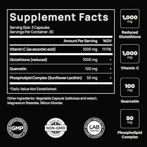 Supplement facts label for a dietary supplement with glutathione, vitamin C, and quercetin.