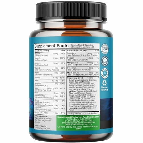 Supplement bottle with detailed nutrition facts label