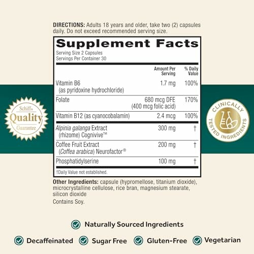 Supplement facts label with ingredients and certifications.