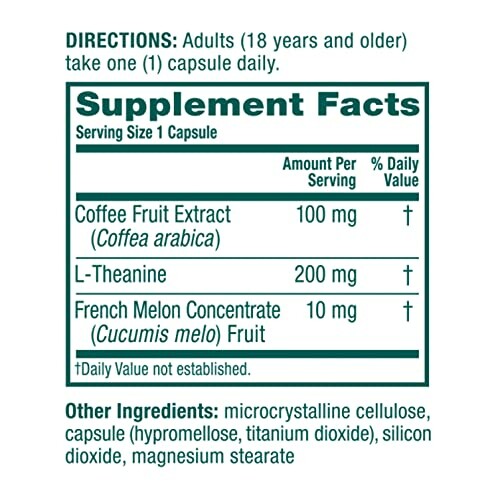 Supplement facts label showing ingredients and daily values.