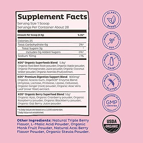 Supplement facts label for KOS organic superfoods blend.