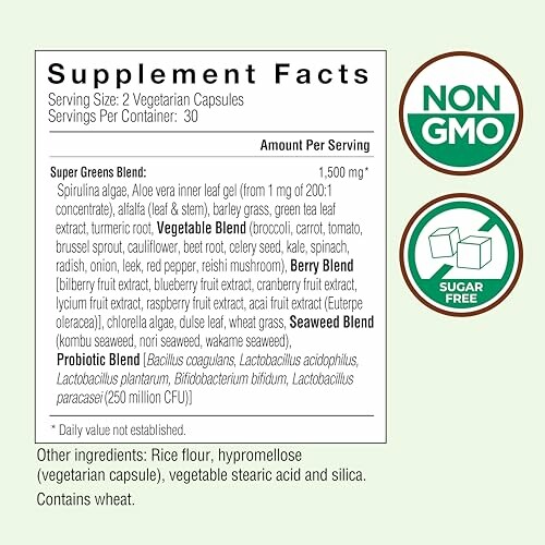 Supplement Facts label for Super Greens Blend with non-GMO and sugar-free icons.