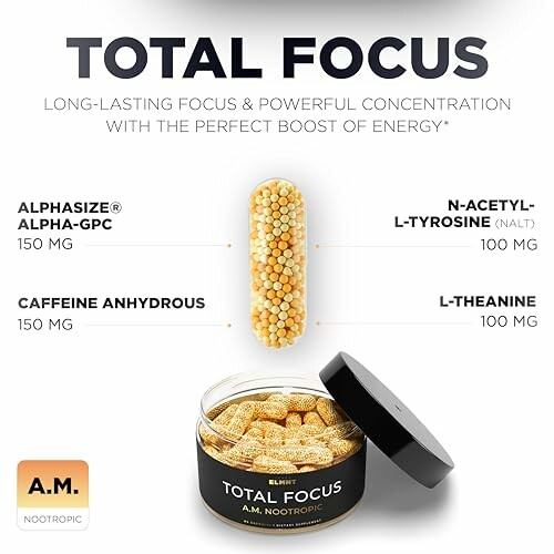 Total Focus nootropic supplement with ingredients listed.